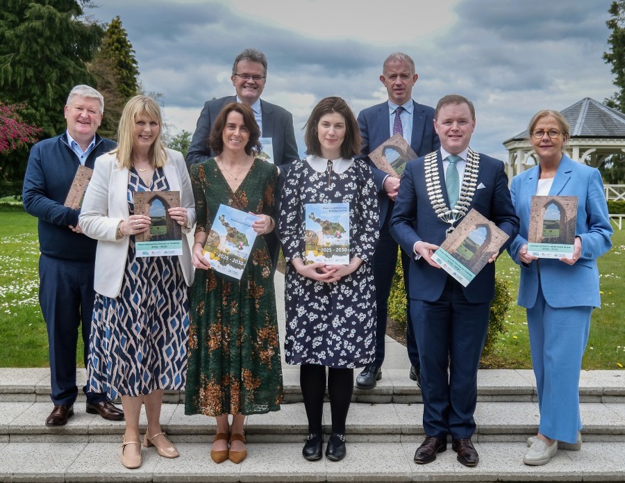 Pictured at the launch of the Cavan Biodiversity Action Plan 2025 – 2030 and the Cavan County Heritage Plan 2025 – 2030 at Farnham Estate are (front, from left) Cllr Shane P O’Reilly, Chair Heritage Forum; Heritage Officer, Anne Marie Ward; Biodiversity Officer, Naomi Mitten; Heritage Council Local Authority Liaison, Patricia Fallon; Cllr John Paul Feeley, Cathaoirleach of Cavan County Council; Virginia Teehan, Chief Executive, The Heritage Council (back, from left) Eoin Doyle, Chief Executive of Cavan County Council; Brendan Jennings, Director of Service, Cavan County Council. PHOTO: Isabel Duggan Rofé.