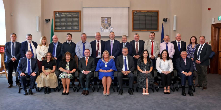 Cathaoirleach of Cavan County Council 2026-27, Councillor Carmel Brady pictured with her fellow councillors and members of the senior management team